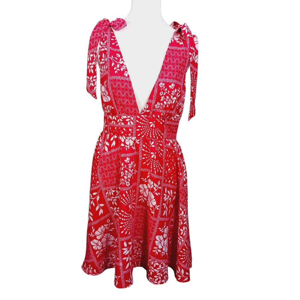 House of Harlow 1960, Small, Mini Sundress, Red/White, Tie Shoulders, Linen Blen - Picture 9 of 16